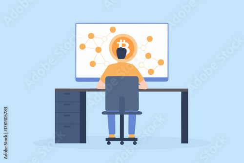 Person sitting at a desk looking at a computer screen displaying bitcoin and a network diagram