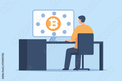 Man sitting at desk working on computer displaying bitcoin network and cryptocurrency concept