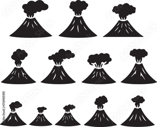 Black Silhouettes of Volcanoes Emitting Smoke eruption