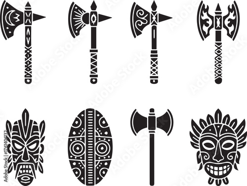 Collection of tribal axes and masks in black and white