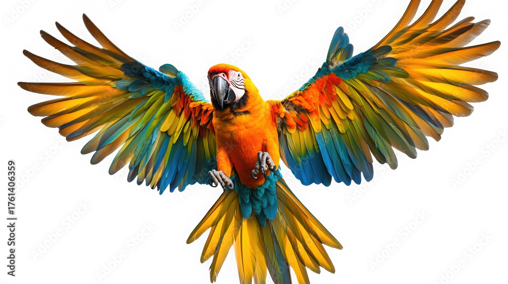 Fototapeta premium A vibrant macaw with outstretched wings displaying a spectrum of yellow orange and blue feathers on transparent background
