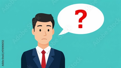 Thoughtful male professional in a business suit with a prominent question mark in a speech bubble, symbolizing doubt and inquiry about a complex situation