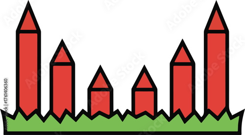 Red pencil buildings on green grass illustration Keywords: pencil, building, city, skyline
