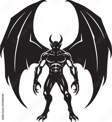 Silhouette of a winged demon with muscular physique and horns