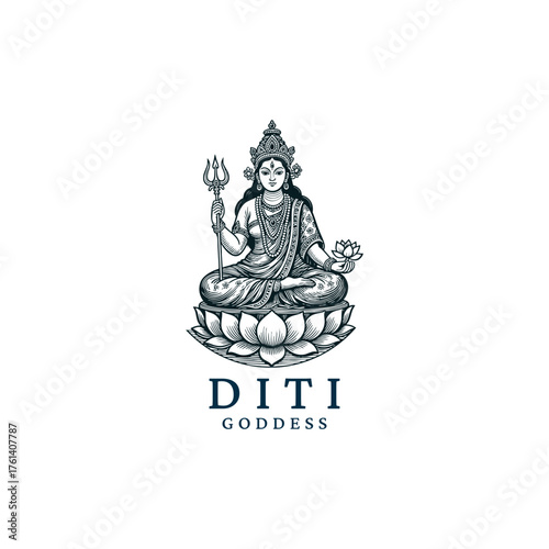 Vintage Engraving illustration of Hindu Goddess sitting on a lotus, holding a trident and a lotus flower
