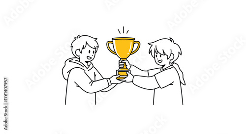 Two friends happily holding up a golden trophy together celebrating their victory