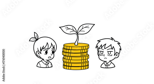 Young people observe a sprouting plant on a stack of gold coins symbolizing growth and investment