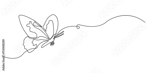 Single line drawing of a butterfly in flight with abstract wavy trail insect animal.