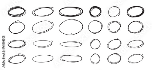 Highlight oval circle hand drawn doodle frames. Free pencil round lines. Round brush mark.