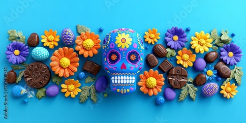 Vibrant Day of the Dead sugar skull surrounded by colorful flowers, chocolate treats, and festive candies on a bright blue background