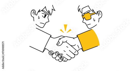 Two businessmen shaking hands with a positive agreement symbol between them
