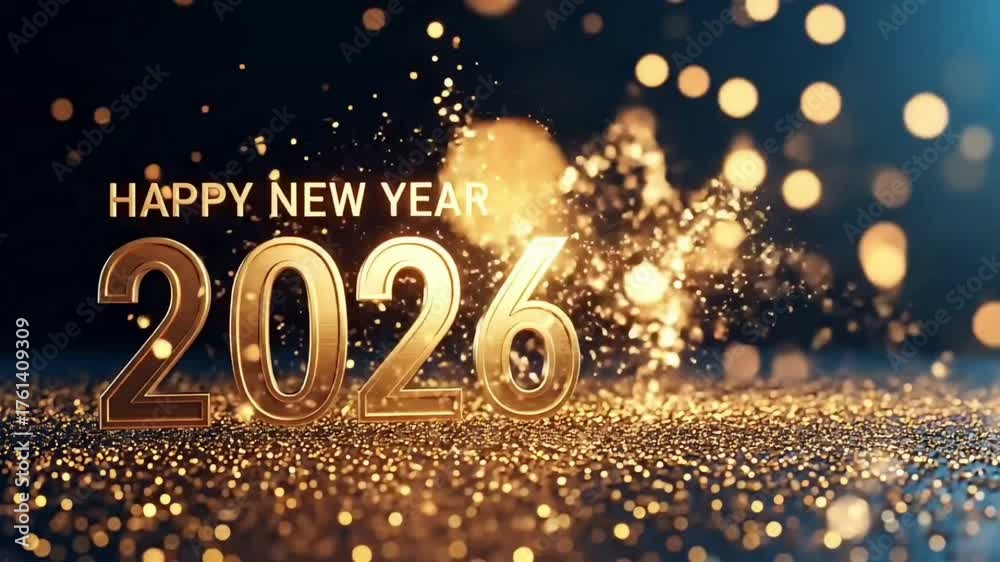 Happy New Year 2026 Greeting Card Design Featuring Shiny Gold Numbers ...