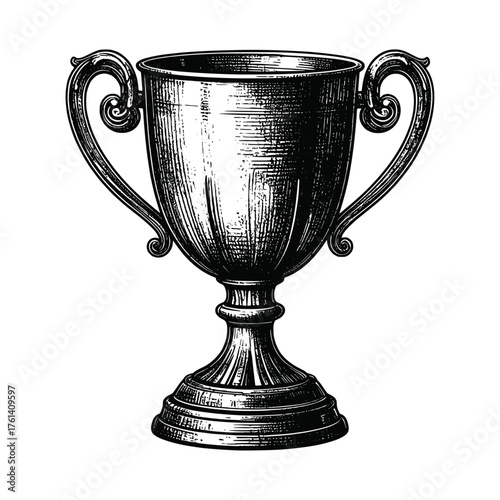 Vintage trophy cup detailed engraving classic award illustration for achievement, contest, championship, or recognition. Elegant retro style with ornate handles.