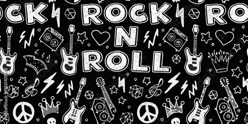 Hand drawn rock and roll lettering with guitars speakers lightning bolts and peace signs on a black background