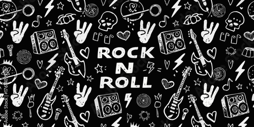 Hand drawn rock and roll music pattern with guitars skulls lightning bolts and peace signs