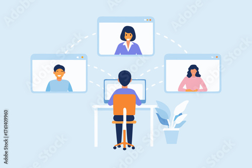 Diverse team collaborating remotely through video conference calls on computer screens