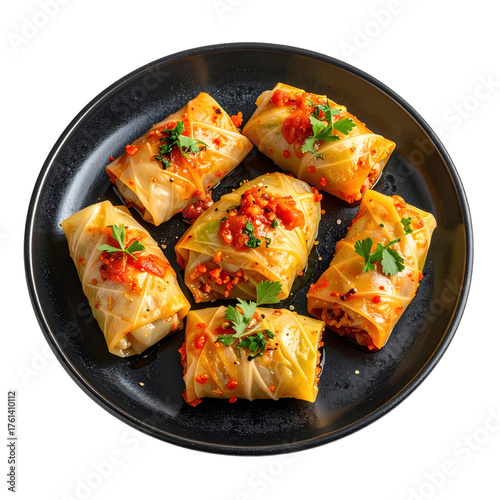 Stuffed cabbage mini rolls on a black plate isolated white background
