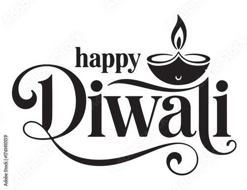 Elegant Happy Diwali typography design with a diya lamp vector illustration for festive greetings and invitations isolated on white background
