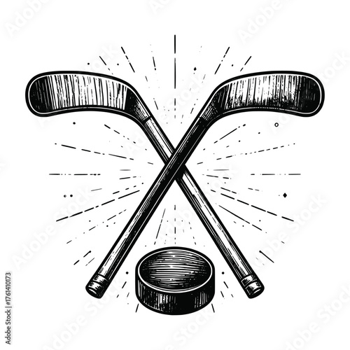 Vintage crossed hockey sticks drawing, detailed black and white design, classic sport icon, retro engraving style, isolated on white background.
