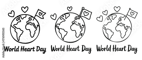 World Heart Day doodle illustration featuring earth globe and heart symbols for awareness campaigns and health promotions