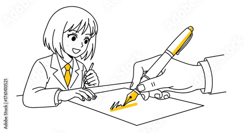 Young Professional Woman Approves Signing Official Document With Golden Pen