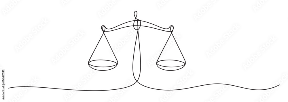 Fototapeta Scales of justice continuous line drawing single outline vector illustration of law and balance isolated on white background