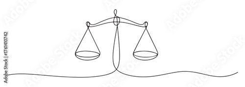 Scales of justice continuous line drawing single outline vector illustration of law and balance isolated on white background