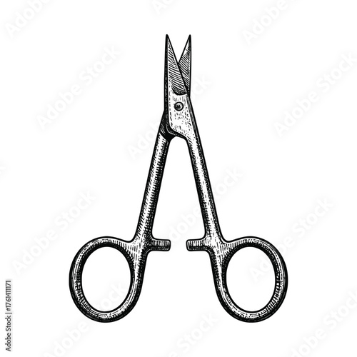 Vintage hand drawn scissors sketch showing detailed etching style, suitable for retro design, barbershop branding, and craft-themed graphic projects.