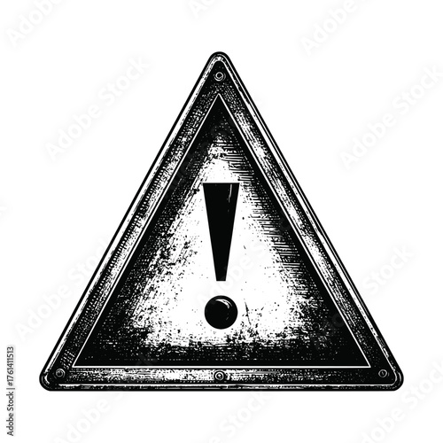 Vintage triangular warning sign illustration features distressed texture, exclamation mark, and retro style, ideal for caution, safety, or alert graphics and designs.