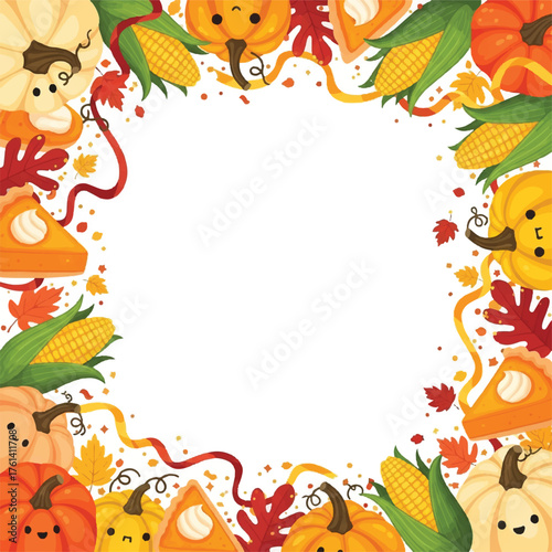 Festive square frame featuring pumpkins with cute faces, corn, pumpkin pie slices, and autumn leaves on a white background.