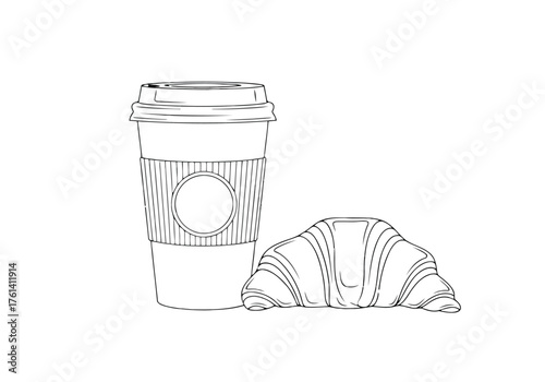 Vector illustration of coffee cup and croissant sketch