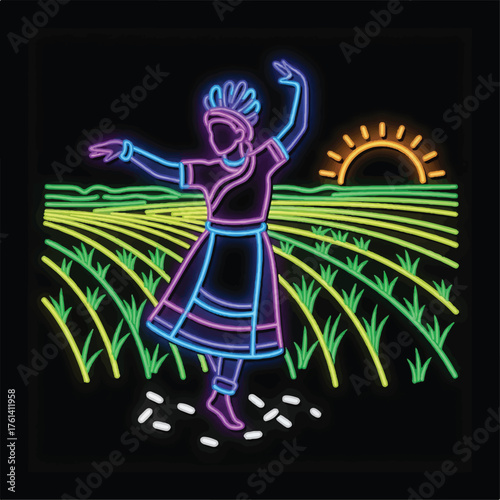 Neon illustration of a woman in traditional dress dancing in a field with a rising sun.