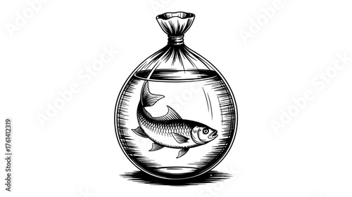 a fish inside a tied clear plastic bag filled with water, showing detailed texture, reflection, and expressive artistic