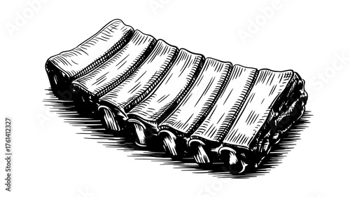 a rack of ribs with detailed shading and cross-hatching, emphasizing texture, bone structure, and artistic realism.