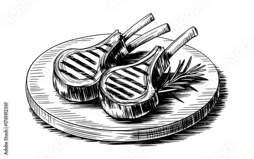 grilled lamb chops arranged on a wooden plate with a rosemary sprig, showcasing detailed texture and rustic