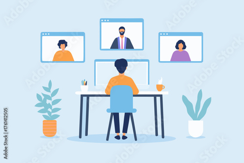 Person participating in a video conference call with colleagues from their home office setup