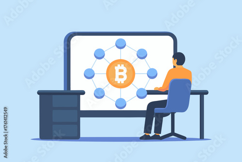 Person working on a computer displaying a bitcoin network diagram with blockchain technology concept