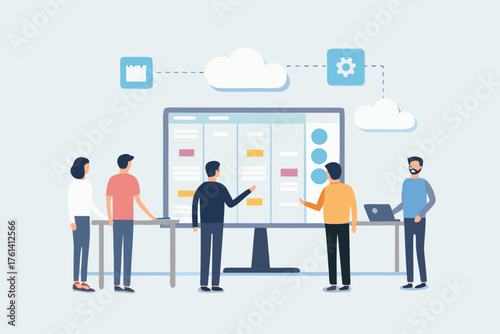 Diverse team collaborating on a digital project management board with cloud integration and task planning