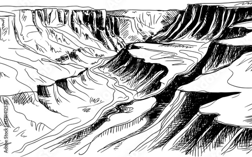 A deep canyon with a winding river running through it, symbolizing nature’s power, erosion, and vast wilderness.