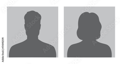 woman and man silhouette avatars or profile gray icon in square. male and female portraits, anonymous people icons square shape