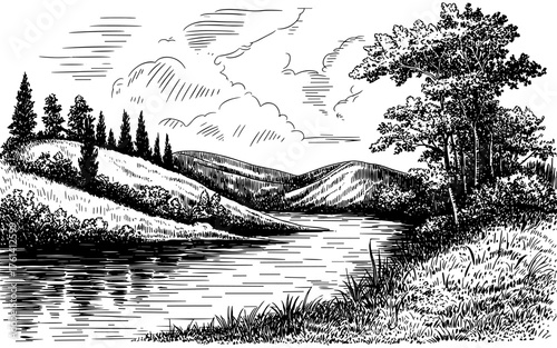 a peaceful landscape featuring a river or lake, rolling hills, trees, and clouds, symbolizing nature and tranquility.