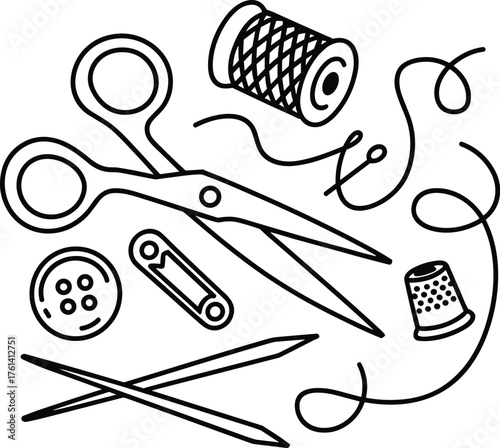 Sewing tools vector illustration with scissors, thread spool, needle, button, thimble, and pin design for tailoring and crafting projects