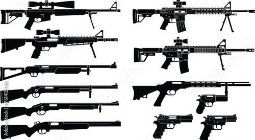 Silhouette illustration collection of modern rifles, sniper guns, shotguns, and pistols in black isolated design for military and weapon concept.