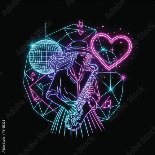 Neon illustration of a woman playing saxophone with a disco ball, heart, geometric shapes, and music notes on a black background.