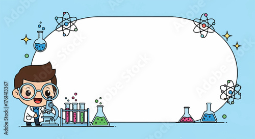 Cartoon scientist with glasses and lab coat stands near a microscope and beakers, framed by atoms and laboratory equipment on a light blue background.
