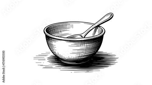 a bowl with a spoon resting inside, featuring cross-hatching for texture and depth, symbolizing food and simplicity.