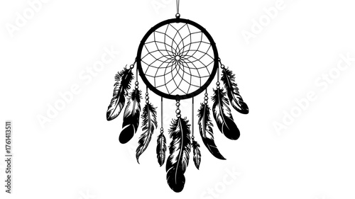 a traditional dreamcatcher featuring a circular woven web and hanging feathers, symbolizing protection, spirituality, and peace.