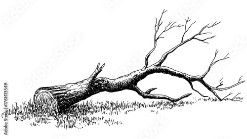 a fallen tree trunk with bare branches lying on grass, symbolizing nature, decay, deforestation, and environmental change.