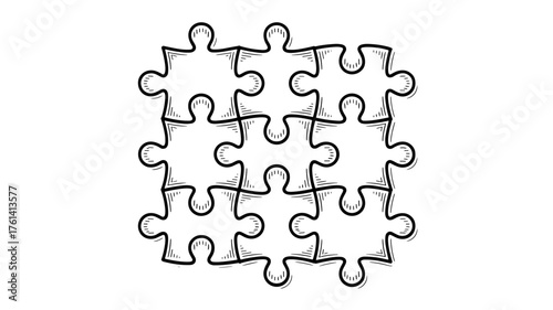 sketch of interlocking puzzle pieces forming a complete square pattern, symbolizing connection, teamwork, problem solving, and unity.