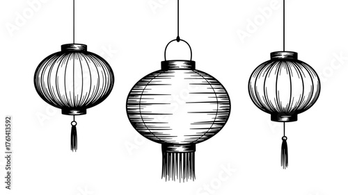 Hand-drawn black and white illustration of traditional hanging paper lanterns, symbolizing Asian culture, festivals, and elegant decorative design elements.